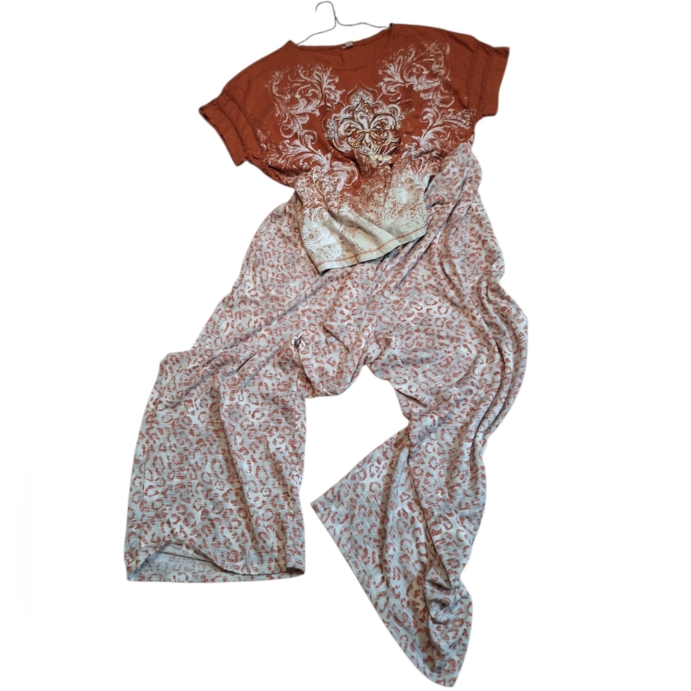 Two Piece Set Plus Size 22/24 Comfy Animal Print Fleur di Lis Rust weekends - Picture 2 of 9